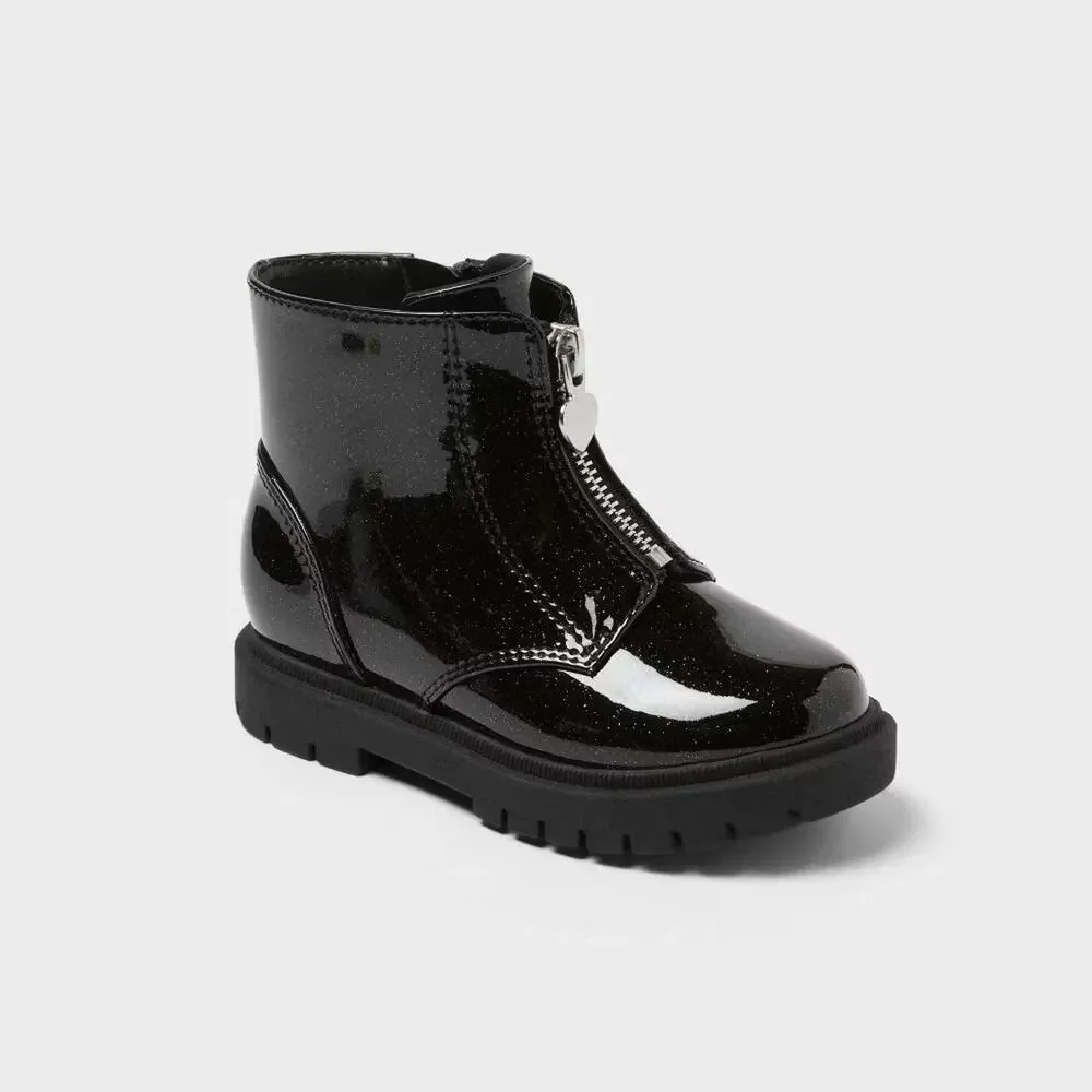Toddler Girls Black Patent Ankle Boots Size 5C Lug Sole Cat & Jack Donna New
